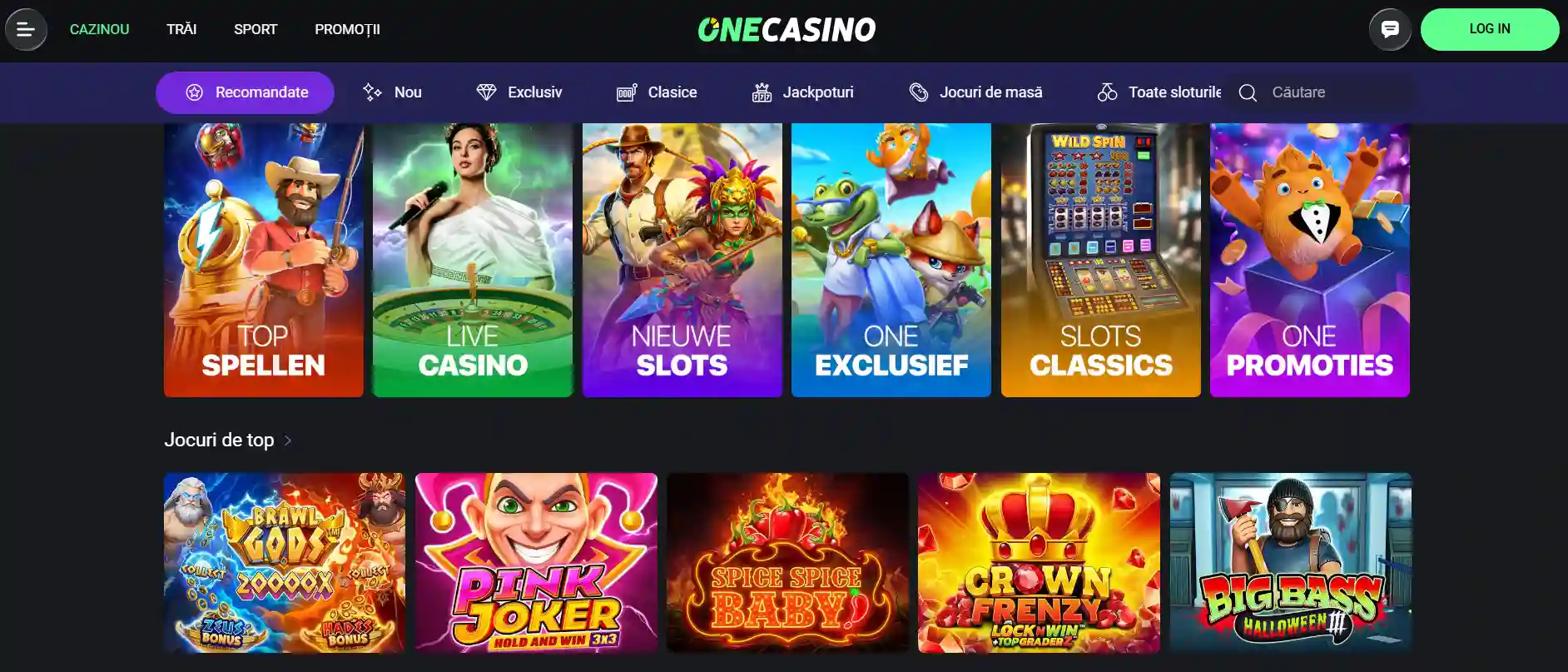 Captură a paginii publice One Casino România cu meniul și interfața site-ului